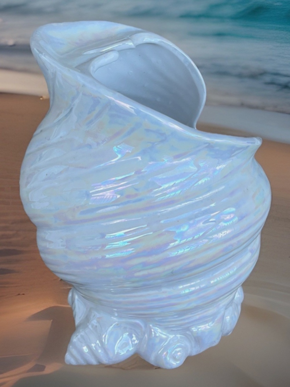 Vintage Ceramic Shell Vase Planter Holder Beachy Nautical Coastal Iridescent 90s